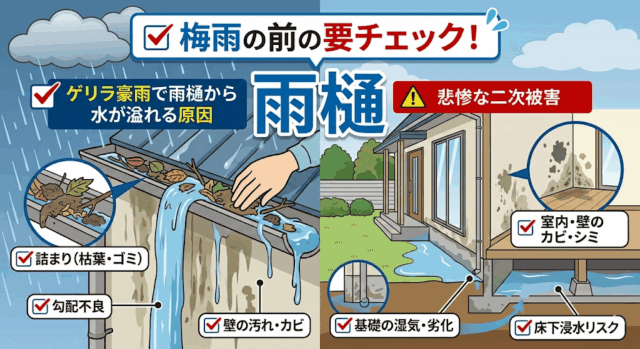 梅雨の前に要チェック！ゲリラ豪雨で「雨樋（あまどい）」から水が溢れる原因と悲惨な二次被害 | その他
