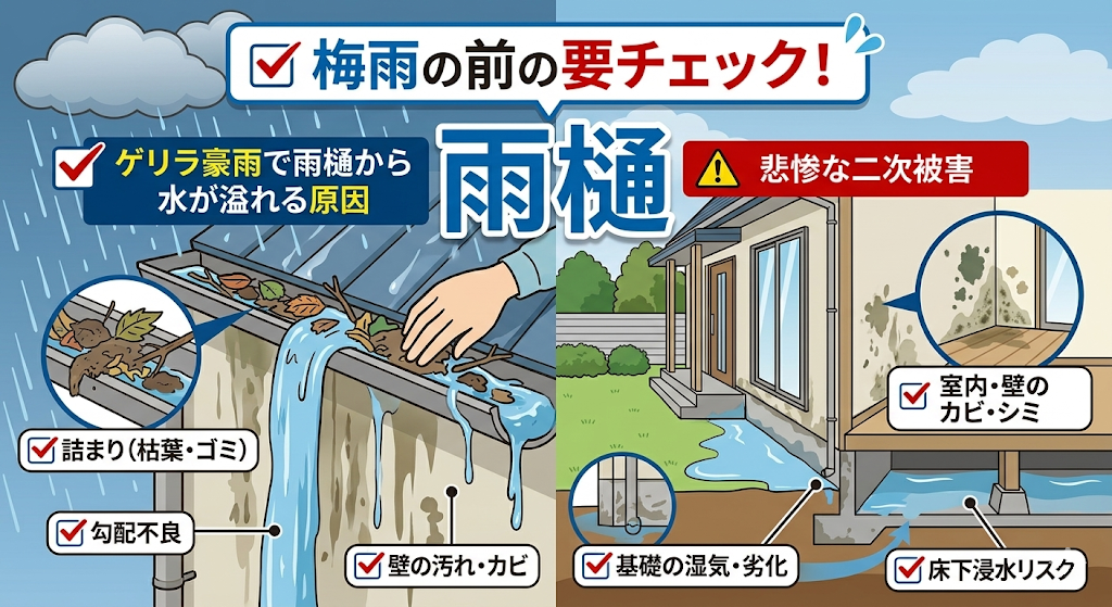梅雨の前に要チェック！ゲリラ豪雨で「雨樋（あまどい）」から水が溢れる原因と悲惨な二次被害 | 